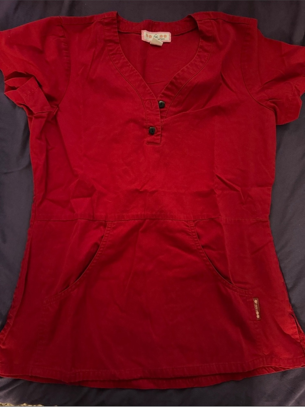 koi Red V-Neck Tunic Top with Front Pockets